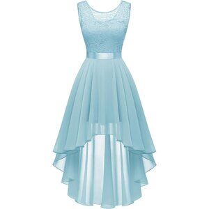 BeryLove Women Light Blue Chiffon Scoop Neck Sleeveless Lace Cocktail Dress
